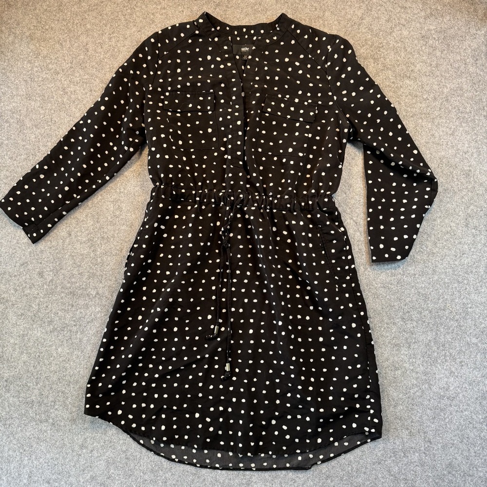 Mossimo Polka Dot Shirt Dress Medium Black White Drawstring Rayon BC00508
